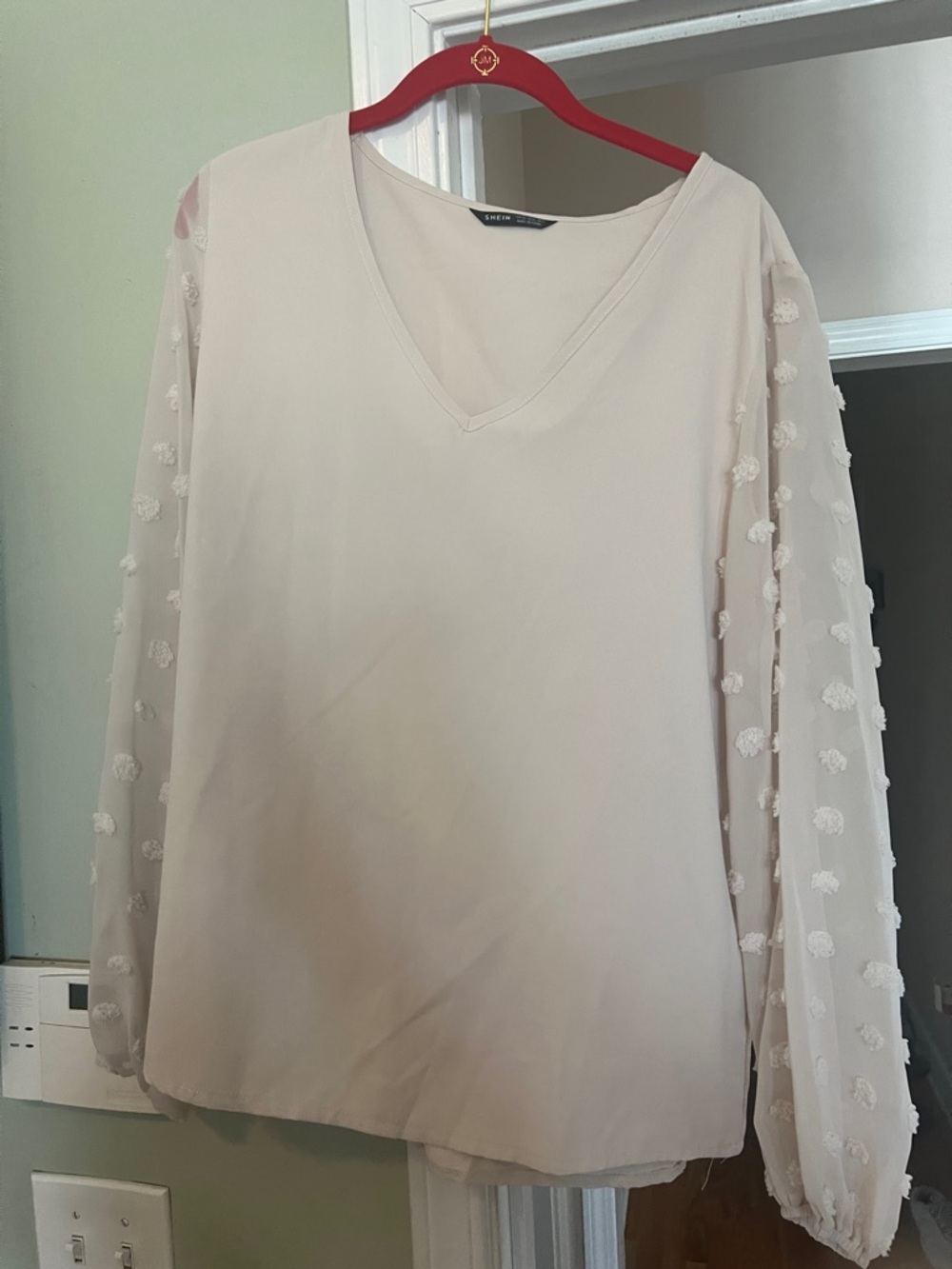 SHEIN Cream V-Neck Blouse with Textured Sheer Sleeves